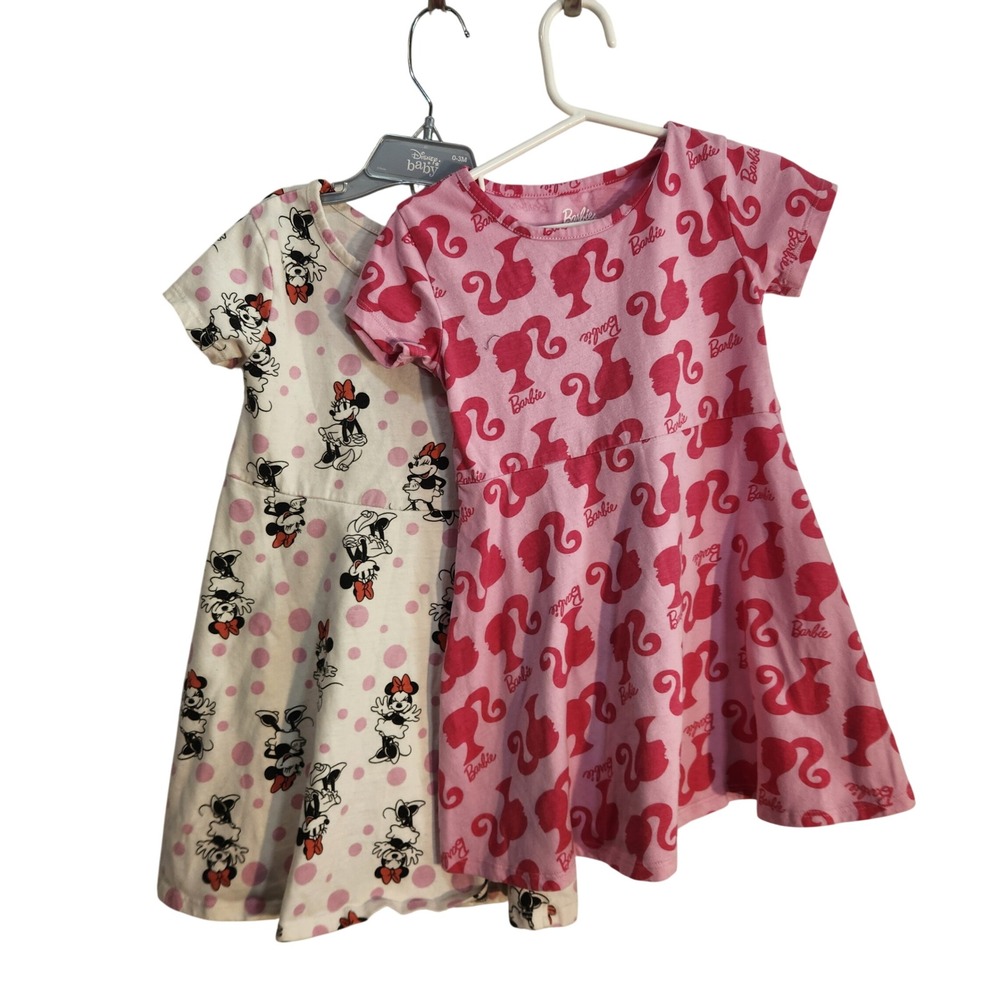 Barbie & Disney Minnie Mouse Toddler Skater Dress Bundle 5T Pink White 2pc Set